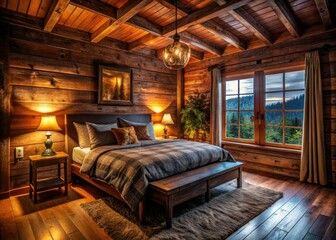 Rustic cabin bedroom, AI-generated: warm night lighting illuminates cozy wood walls, comfortable bed, rustic decor.