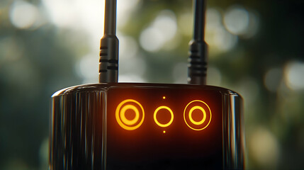 Futuristic black device with orange lights and antennas.