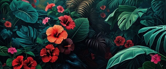 Tropical flowers, vibrant orange and red hibiscus, lush green foliage, dark background, jungle atmosphere, exotic plants, deep shadows, rich colors, botanical illustration style, dramatic lighting, pa