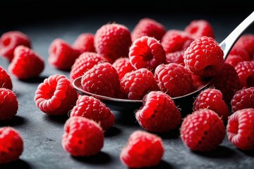 a close up of a spoon full of raspberries on a table