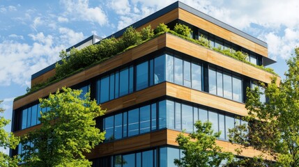 Ecofriendly office building exterior with sustainable materials in urban environment showcasing large windows and greenery