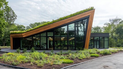 Eco-friendly office building exterior with sustainable materials urban setting architectural design green environment modern viewpoint