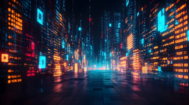 Futuristic city street with glowing digital data.