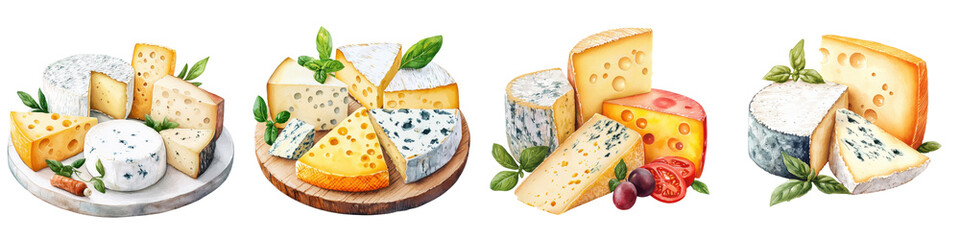 A beautiful arrangement of various types of gourmet cheeses including cheddar brie gouda swiss and blue cheese displayed on a rustic wooden platter with fresh herbs grapes and crackers