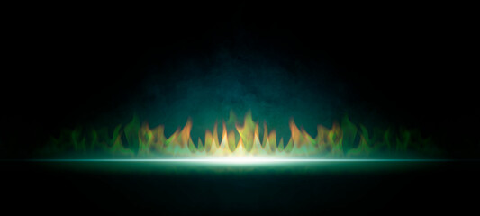 Fire flames dark scene background, and smoke float up the floor for display products 