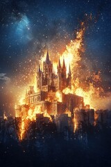 Fototapeta premium Dramatic fire erupting from medieval castle at night fantasy artwork enchanted sky captivating and historical scene