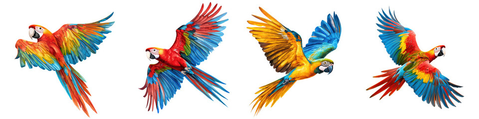 Fototapeta premium A Flock of Vibrant Colorful Tropical Birds Such as Parrots Macaws and Cockatoos Taking Flight in a Lush Natural Habitat with Verdant Foliage and Bright Skies