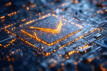 Illuminated email symbol on circuit board.