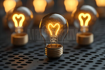 Illuminated heart-shaped filament in lightbulb.