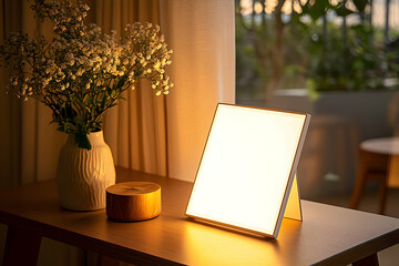 Illuminated light therapy device on wooden table with flowers.