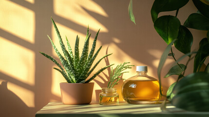 Aloe vera plants with skincare oils in natural light
