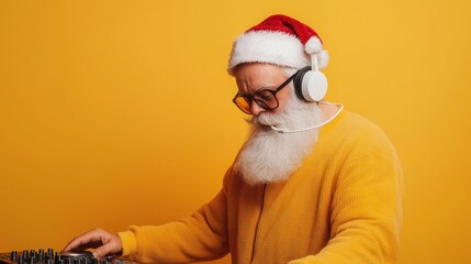 Santa claus djing at nightclub festive music scene yellow background celebratory vibe