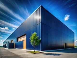 Sleek, dark blue steel square building; modern geometric facade, dramatically landscaped.
