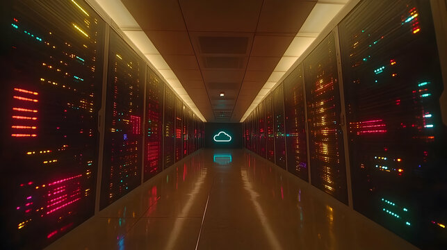 Illuminated server room corridor with cloud icon.