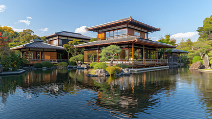 Obraz premium This serene Japanese garden showcases elegant wooden structures surrounded by lush greenery and a calm pond. The vibrant colors of the foliage create a peaceful atmosphere