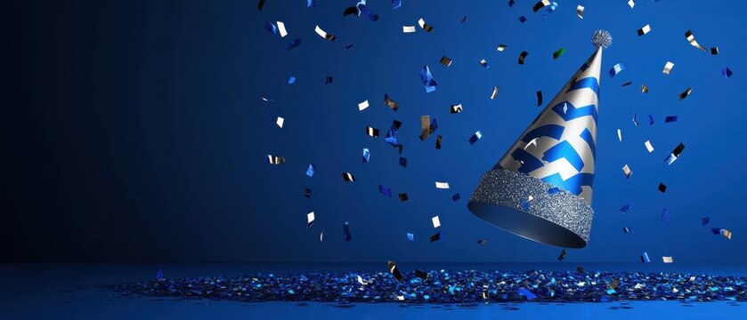 A silver and blue party hat falls amidst confetti