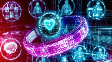 Futuristic health tracker surrounded by digital icons representing wellness and technology.