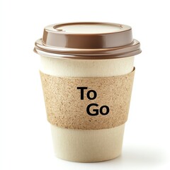 A disposable coffee cup with a cork sleeve and the phrase 'To Go' printed on it, set against a white background, ideal for conveying convenience and on-the-go lifestyles.