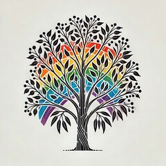 Colorful tree illustration with rainbow elements.