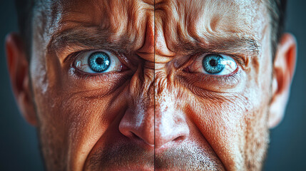 Close up of stressed face transitioning to smile, showcasing emotions