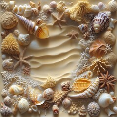 Obraz premium Seashells and starfish arranged on sand background.