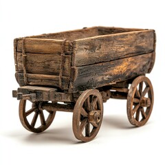 A detailed wooden model of a traditional cart, showcasing rustic craftsmanship. This artistic representation is perfect for collectors or as a decorative piece. white background.