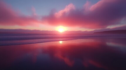 Vibrant sunset over calm ocean reflecting in the water.