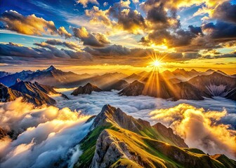 Obraz premium Sunrise Mountain: Aerial photography captures breathtaking panoramic vistas.