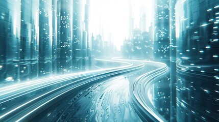 Futuristic cityscape with glowing skyscrapers illuminated roads and high speed transportation at night  A vision of a technologically advanced intelligent