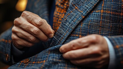 Close-up of a hand adjusting a stylish, patterned suit jacket.