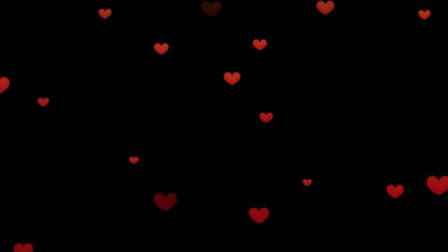 Red heart particles downfall through black background. Heart particle effect for digital composition, wedding, love, marriage alliance, anniversary