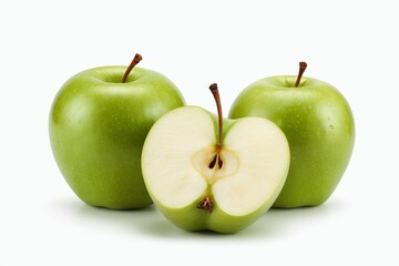 there are three green apples with one cut in half