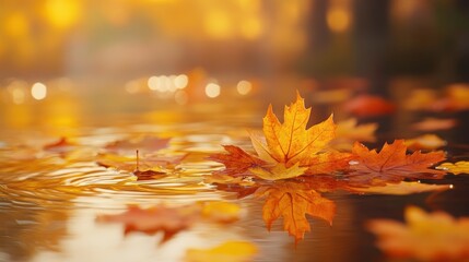 Autumn maple leaves floating on water vibrant orange and yellow foliage
