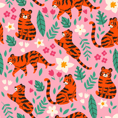 Seamless pattern with tigers, leaves and flowers on a pink background. Vector graphics.