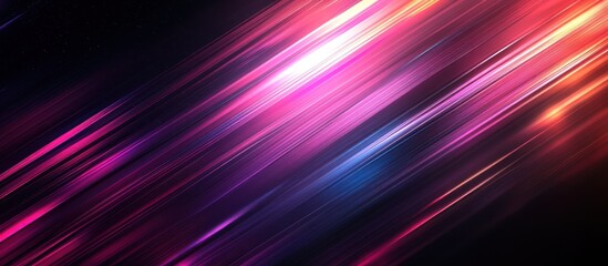 Abstract background with diagonal lines of pink, red, and blue light streaks on black background.