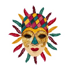 A Colorful Decorative Mask Adorned with Feathers and Featuring Geometric Patterns