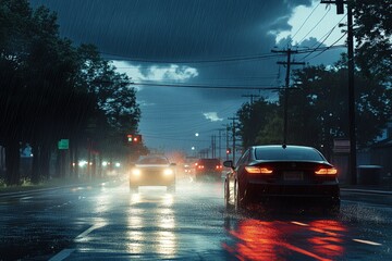 Rainy night city street, cars driving in heavy downpour.