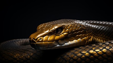 Fototapeta premium Golden serpent glimmers with elegance in a darkened setting. Generative AI