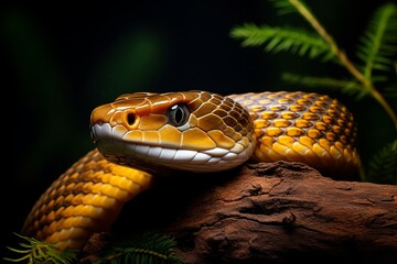 Fototapeta premium Vibrant snake basking on a branch amidst lush greenery in the wild. Generative AI