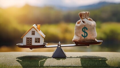 Toy house and money bag on a scale, outdoors, with blurred background.