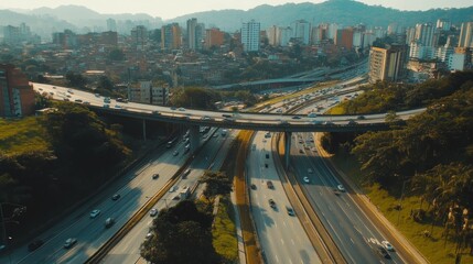 Fototapeta premium Aerial View of a Cityscape with an Overpass and Traffic
