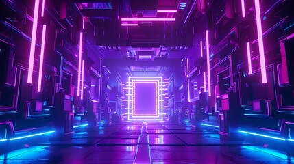 A stage with round podium and neon lights