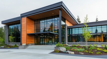 Modern office building exterior with wood and masonry design urban landscape architecture contemporary environment