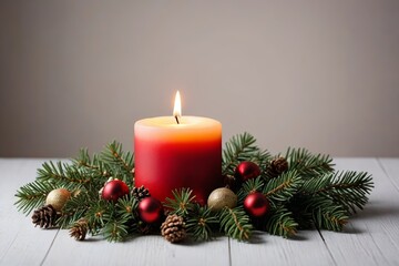 a close up of a candle with pine cones and ornaments