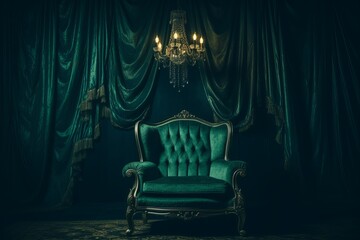 Elegant green armchair surrounded by opulent drapery and a sparkling chandelier. Generative AI