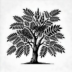 Black and white illustration of a leafy tree.