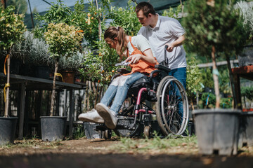 A male with down syndrome helping a female in a wheelchair enjoy a garden center surrounded by vibrant plants, highlighting friendship and inclusivity.