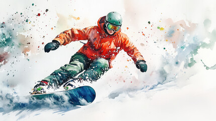 Green watercolor painting of snowboarder on snow slopes at sunny morning