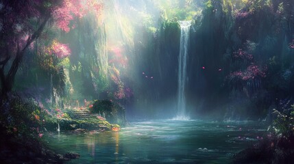 Naklejka premium Mystical Waterfall in a Lush, Dreamlike Forest