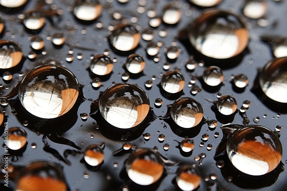 Poster captivating reflections in droplets resting on a dark surface at twilight. generative ai